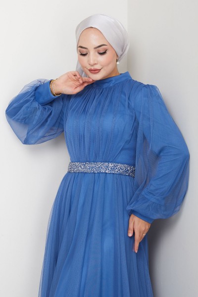 Taş Detaylı Büyük Beden Tesettür Abiye Alya - İndigo